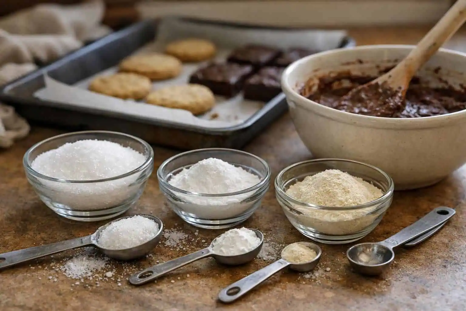 Baking ingredients in bowls with batter and cookies tray