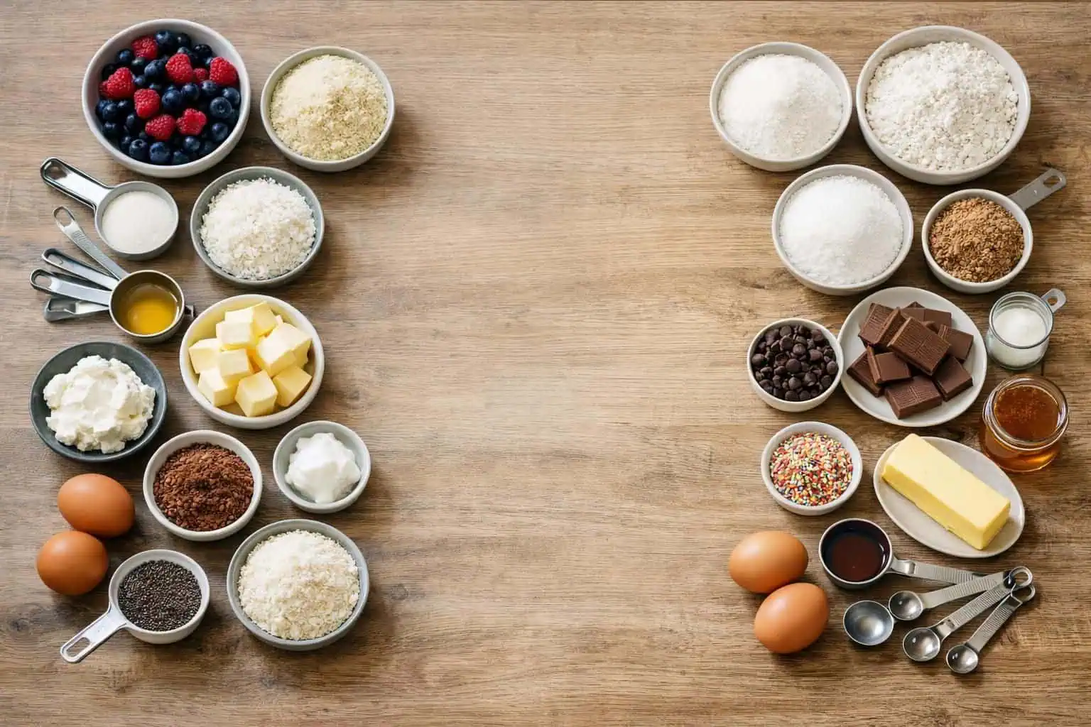 Baking ingredients in bowls on wooden table, overhead