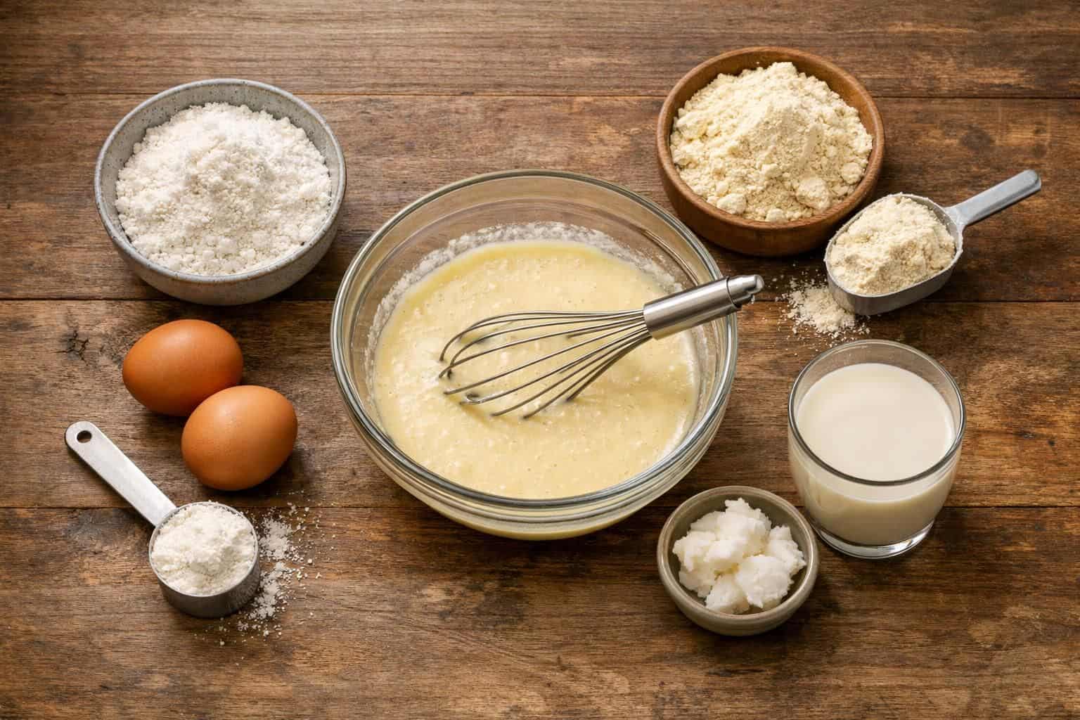 Mixing bowl with whisk, eggs, flour, milk on table