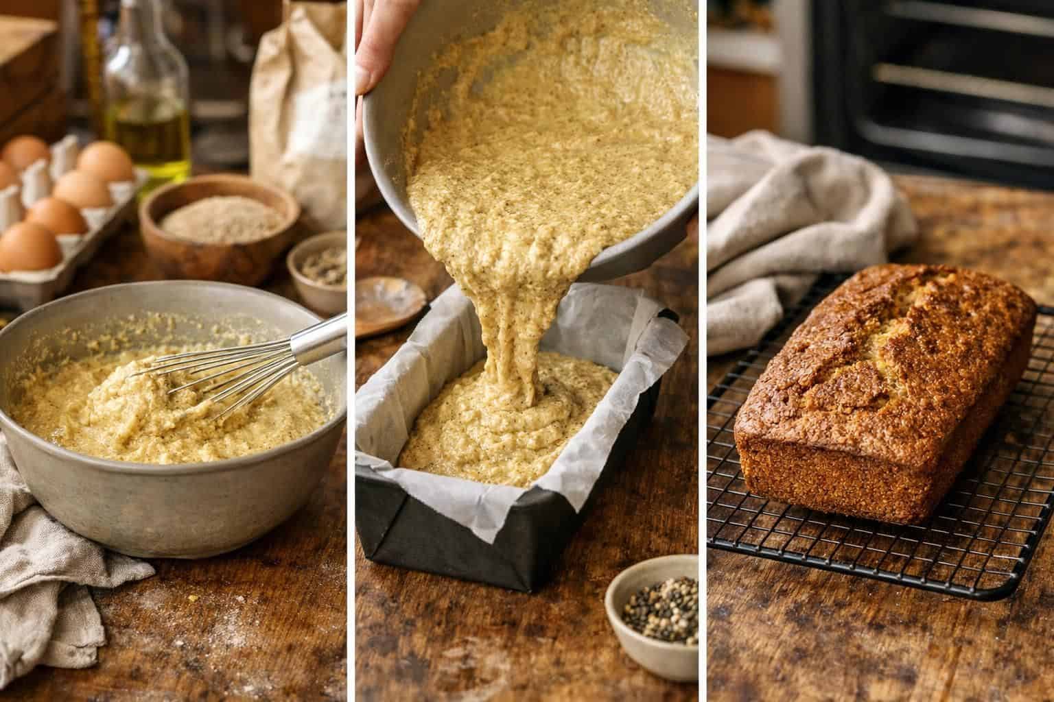 Batter poured into loaf pan, baked bread cooling