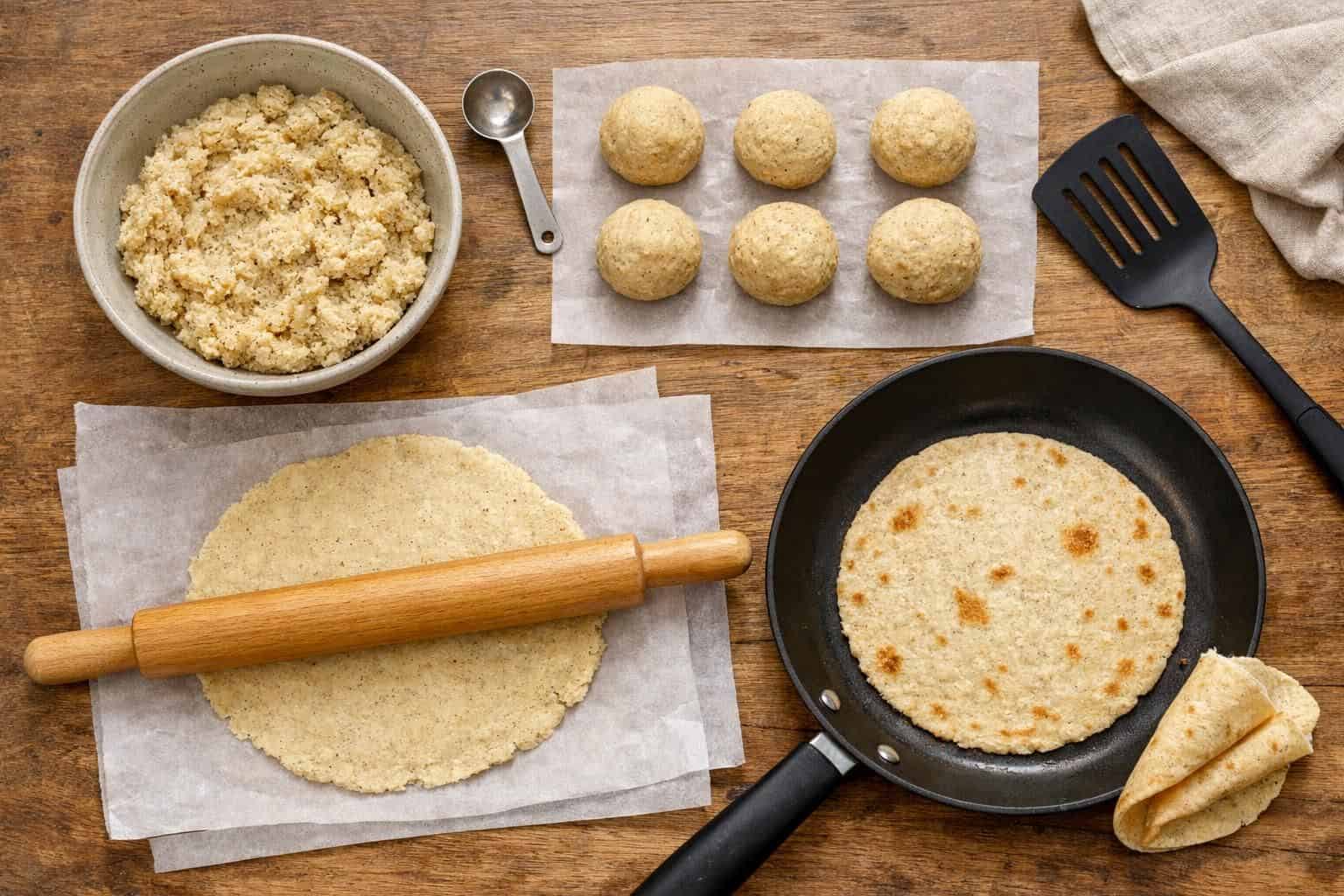 Cauliflower dough balls, rolled crust, and flatbread cooking in skillet