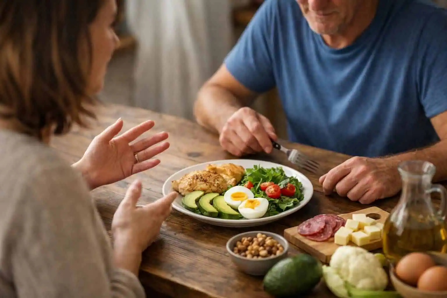 Couple at table with chicken salad, avocado, and eggs