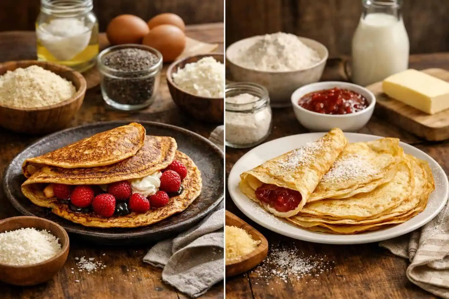 Crepes with raspberries and cream beside crepes with jam