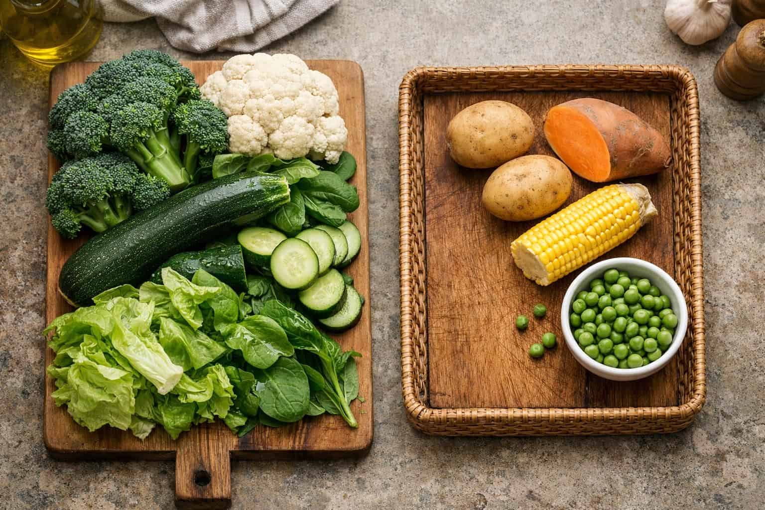 Fresh vegetables on cutting board and wicker tray