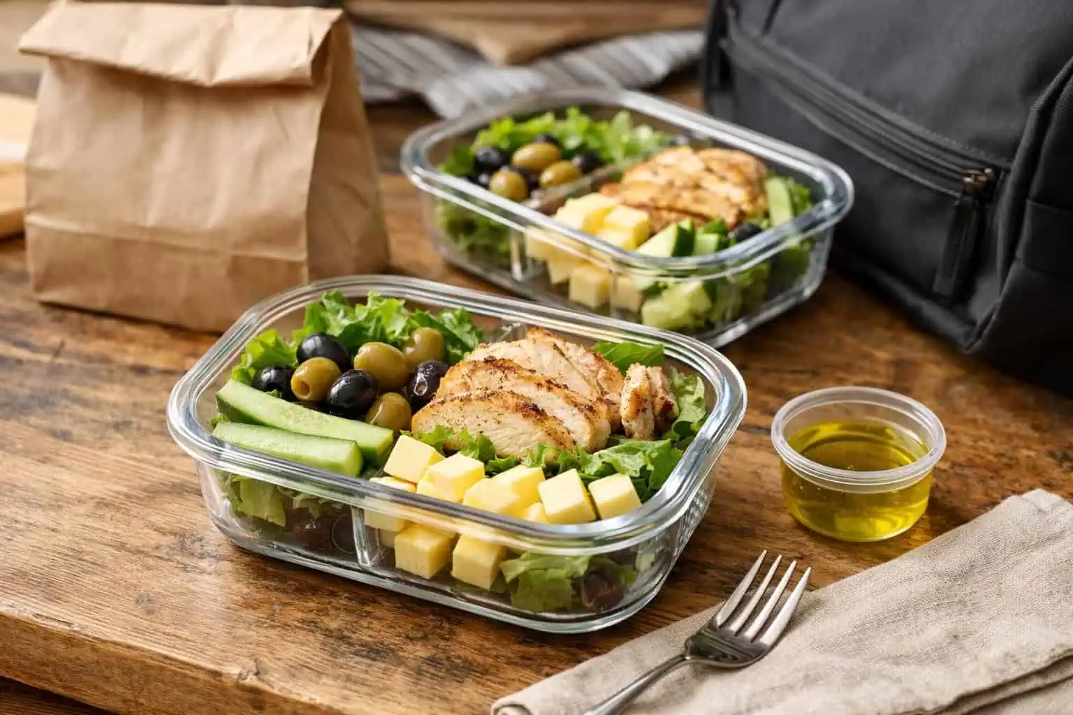 Glass containers with chicken salad, olives, cucumber, cheese
