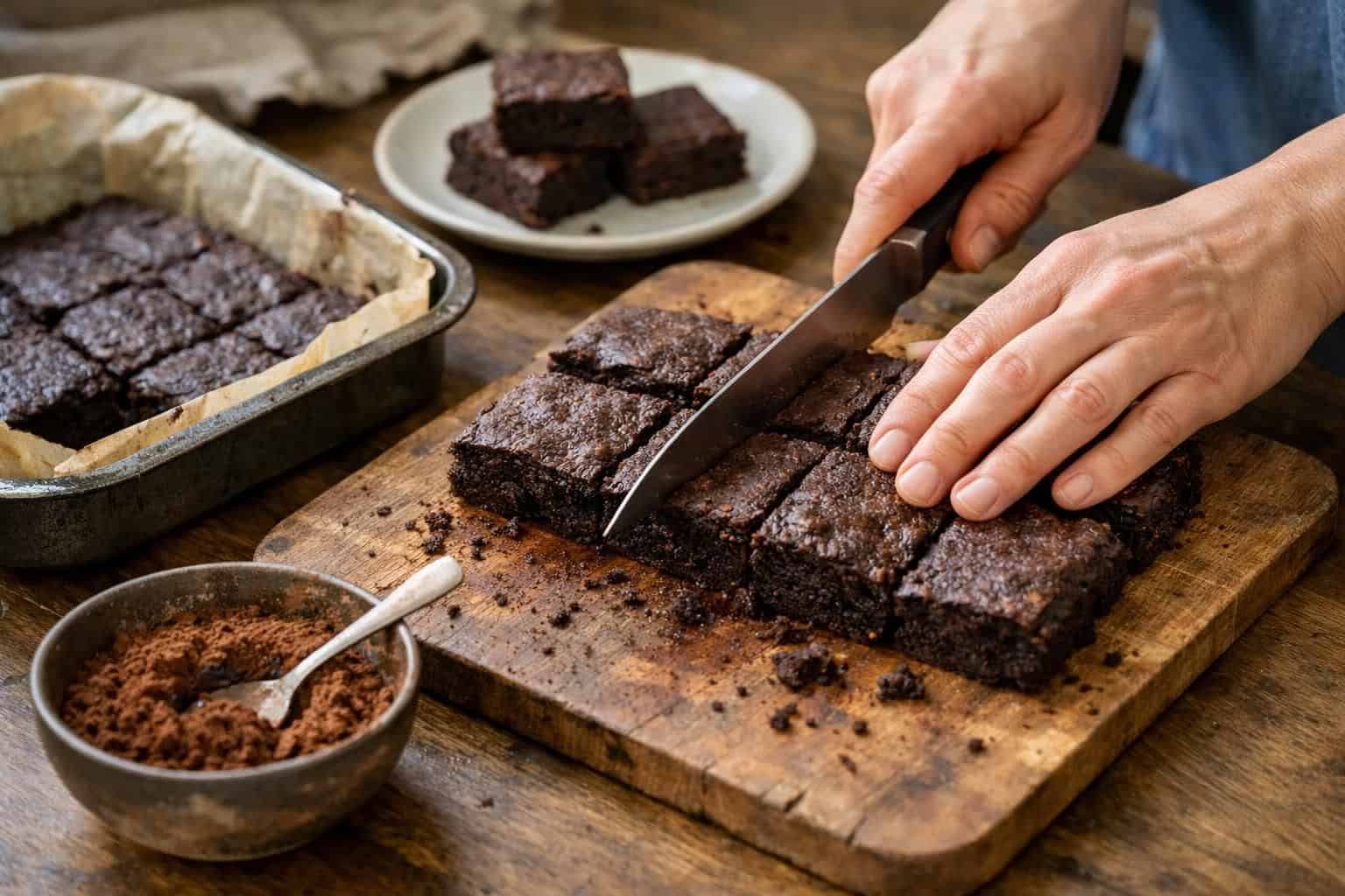 Hands cutting chocolate brownies on wooden board with knife