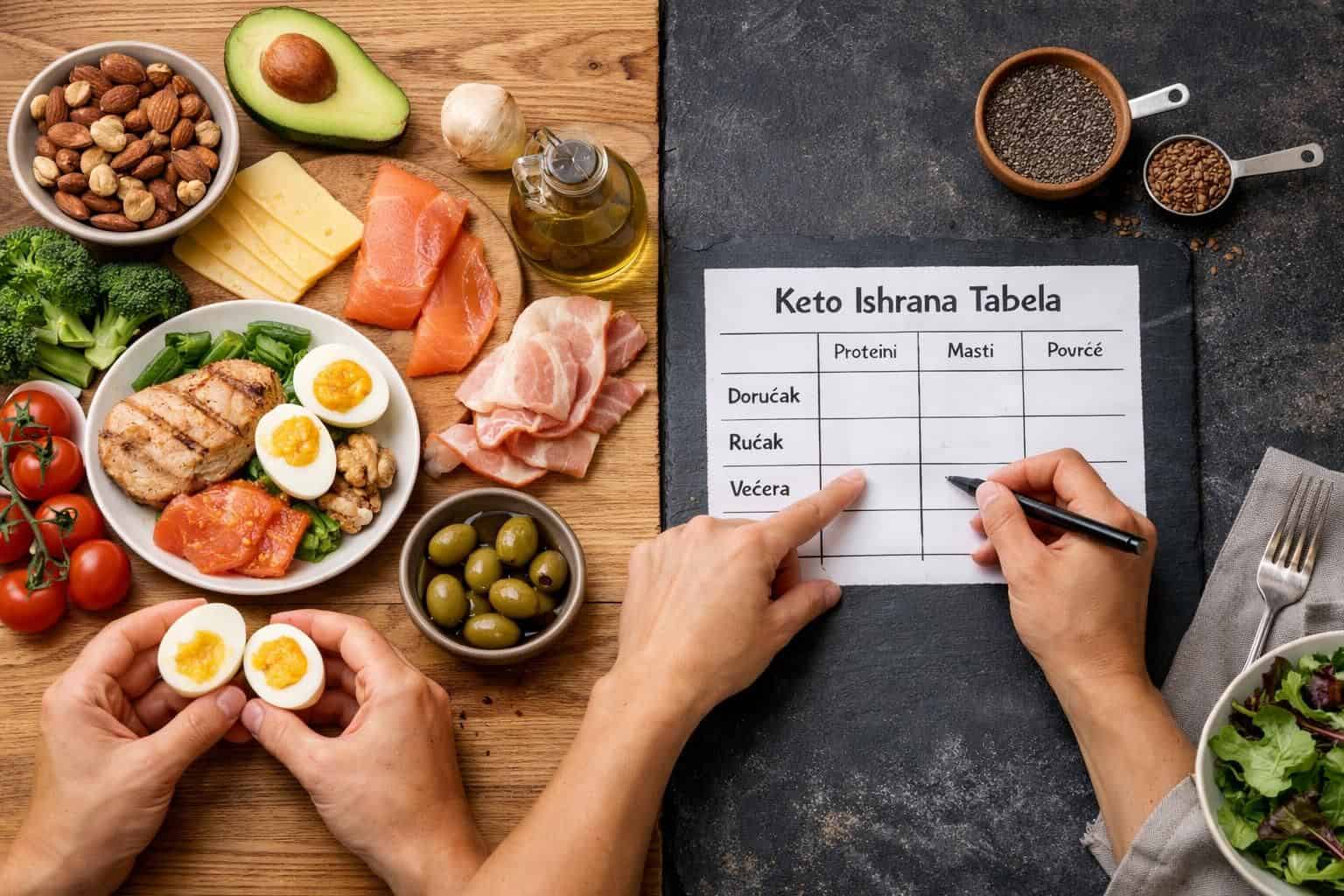 Hands filling keto meal table beside eggs, salmon, avocado