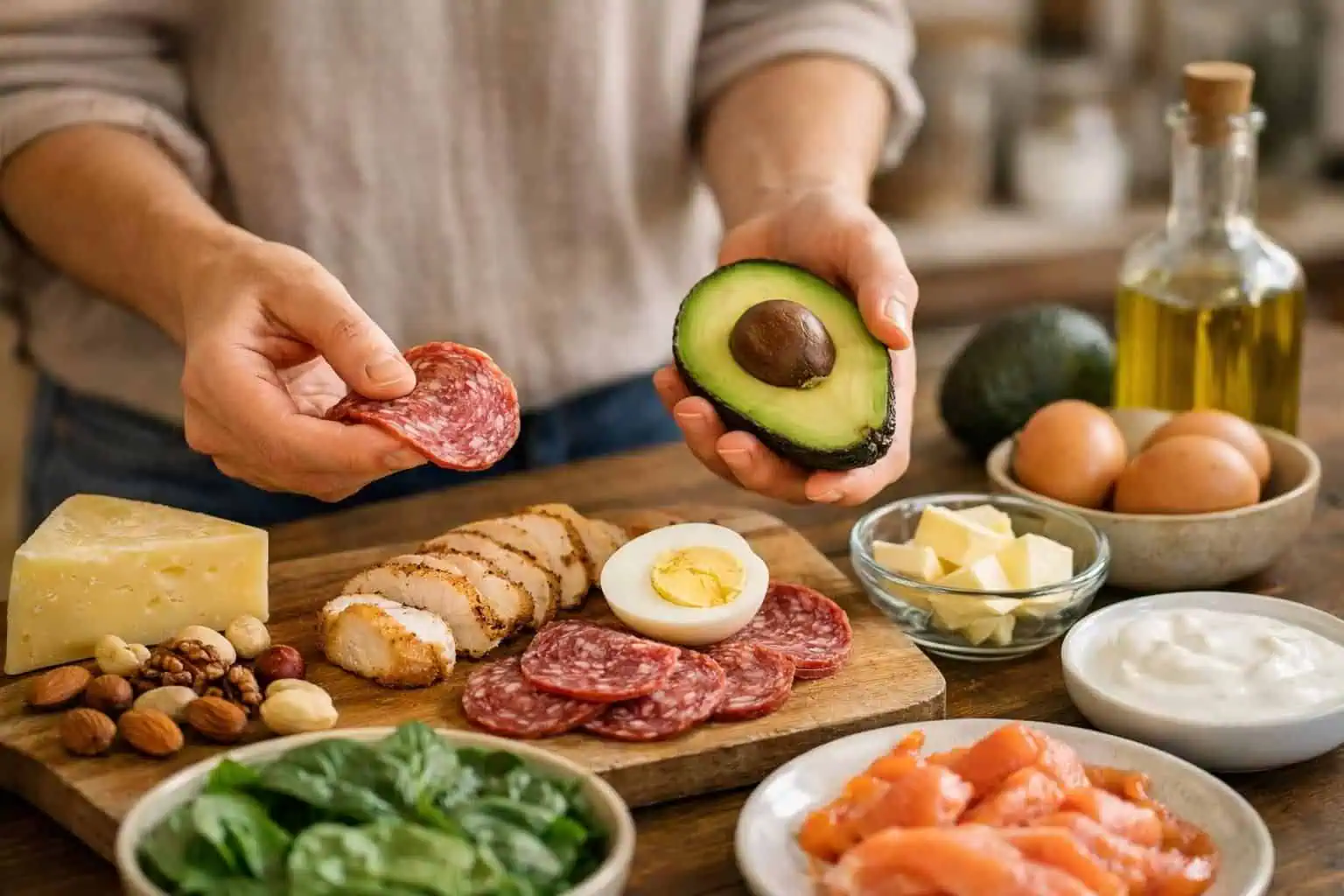 Hands holding avocado half and salami over food board
