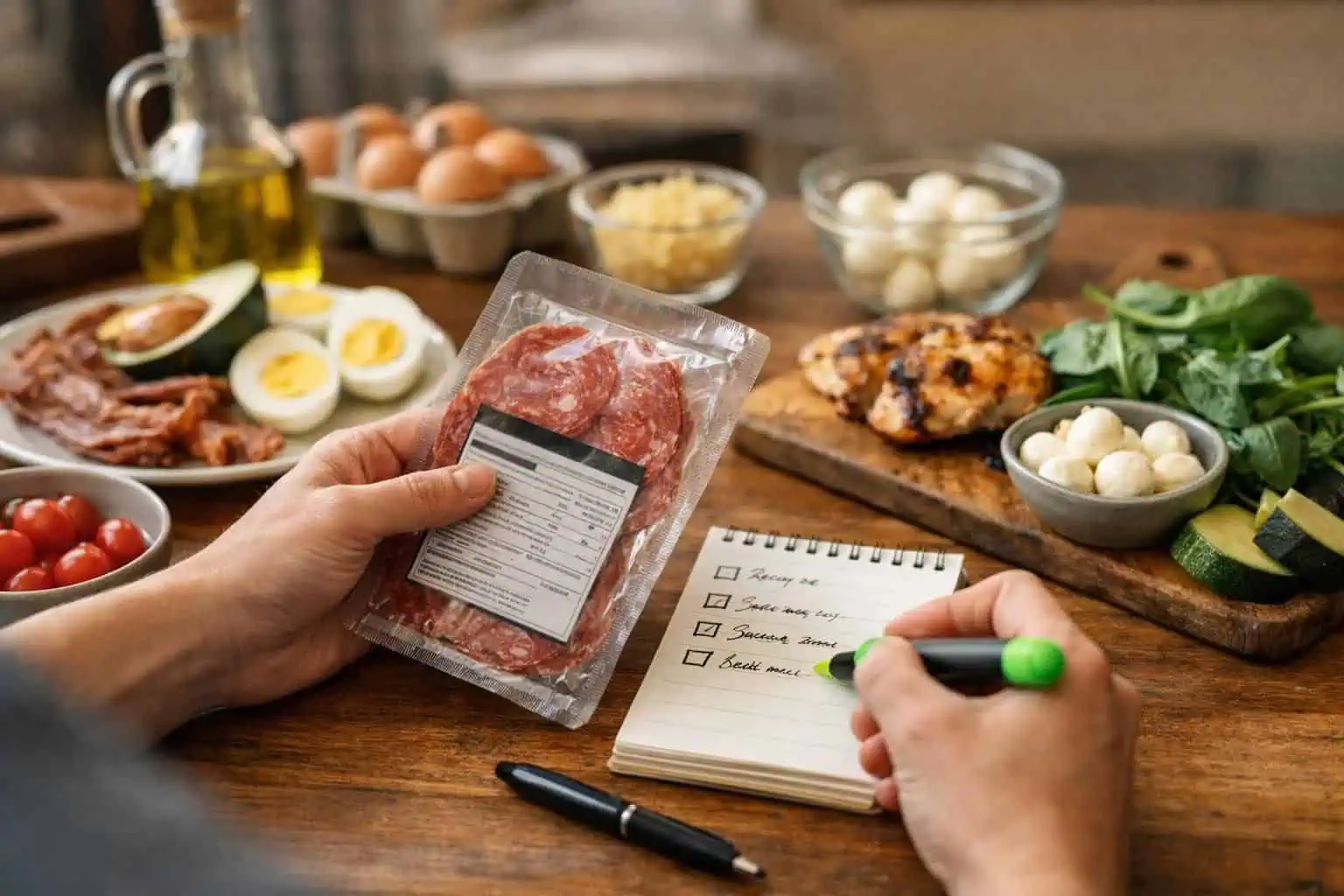 Hands holding packaged salami, writing grocery list beside ingredients