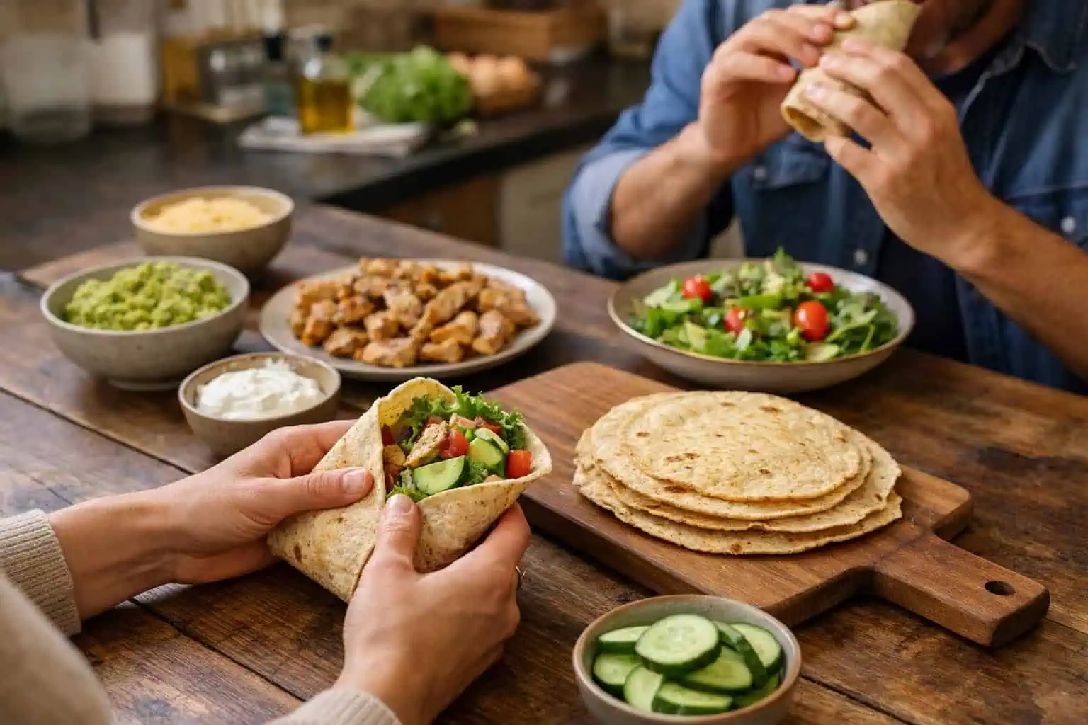 Hands holding veggie wrap beside tortillas and salad bowls