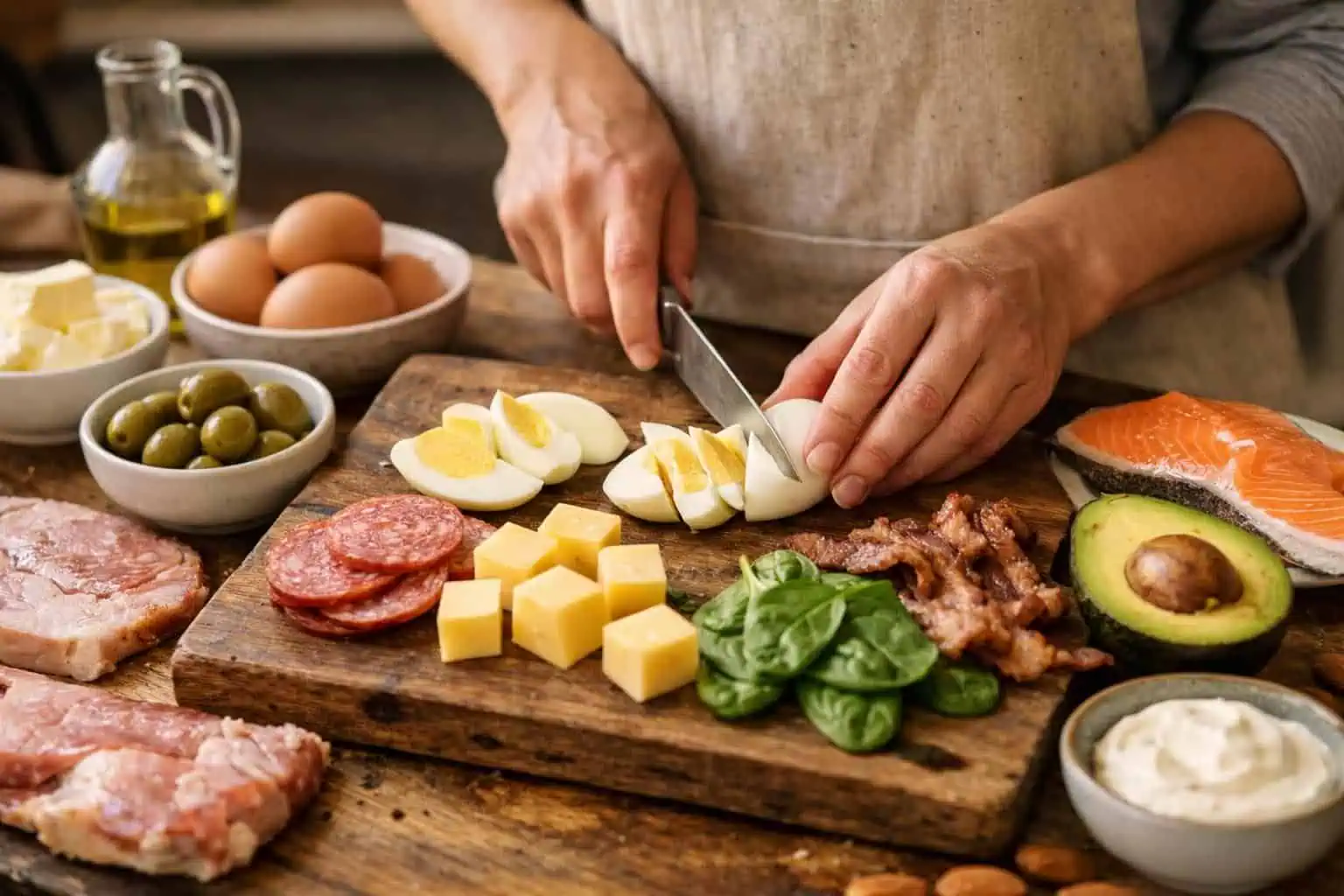 Hands slicing boiled eggs on board with salmon, avocado
