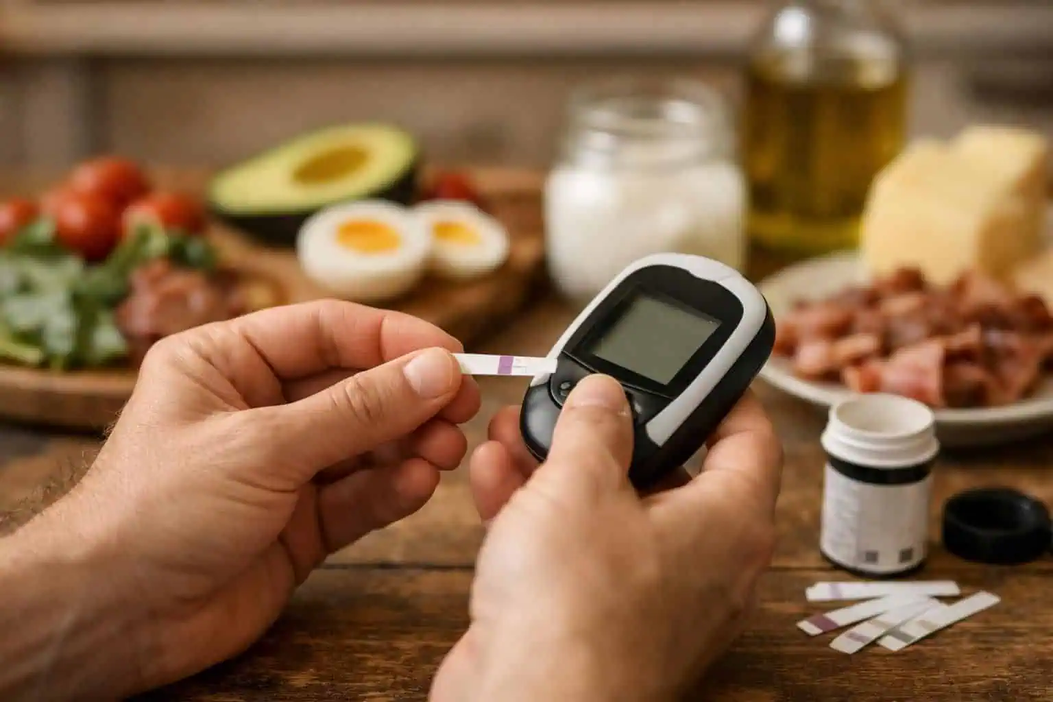 Hands holding glucose meter and test strip near food