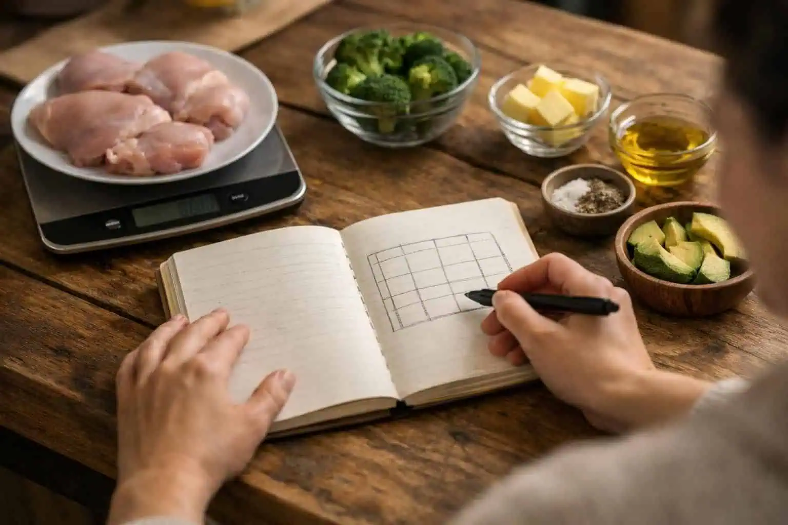 Hands writing meal plan beside chicken, broccoli, avocado