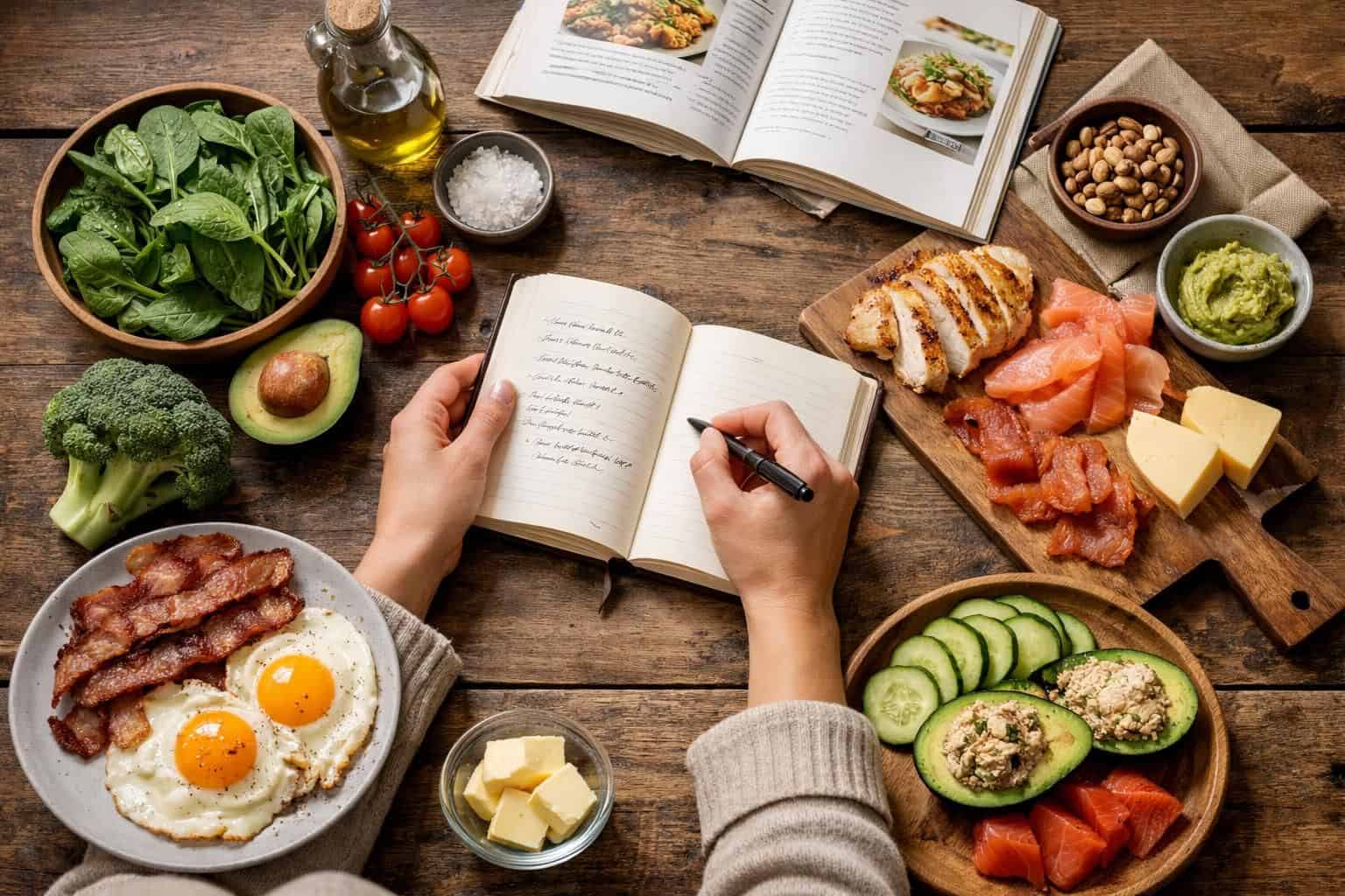Hands writing in notebook beside assorted healthy foods