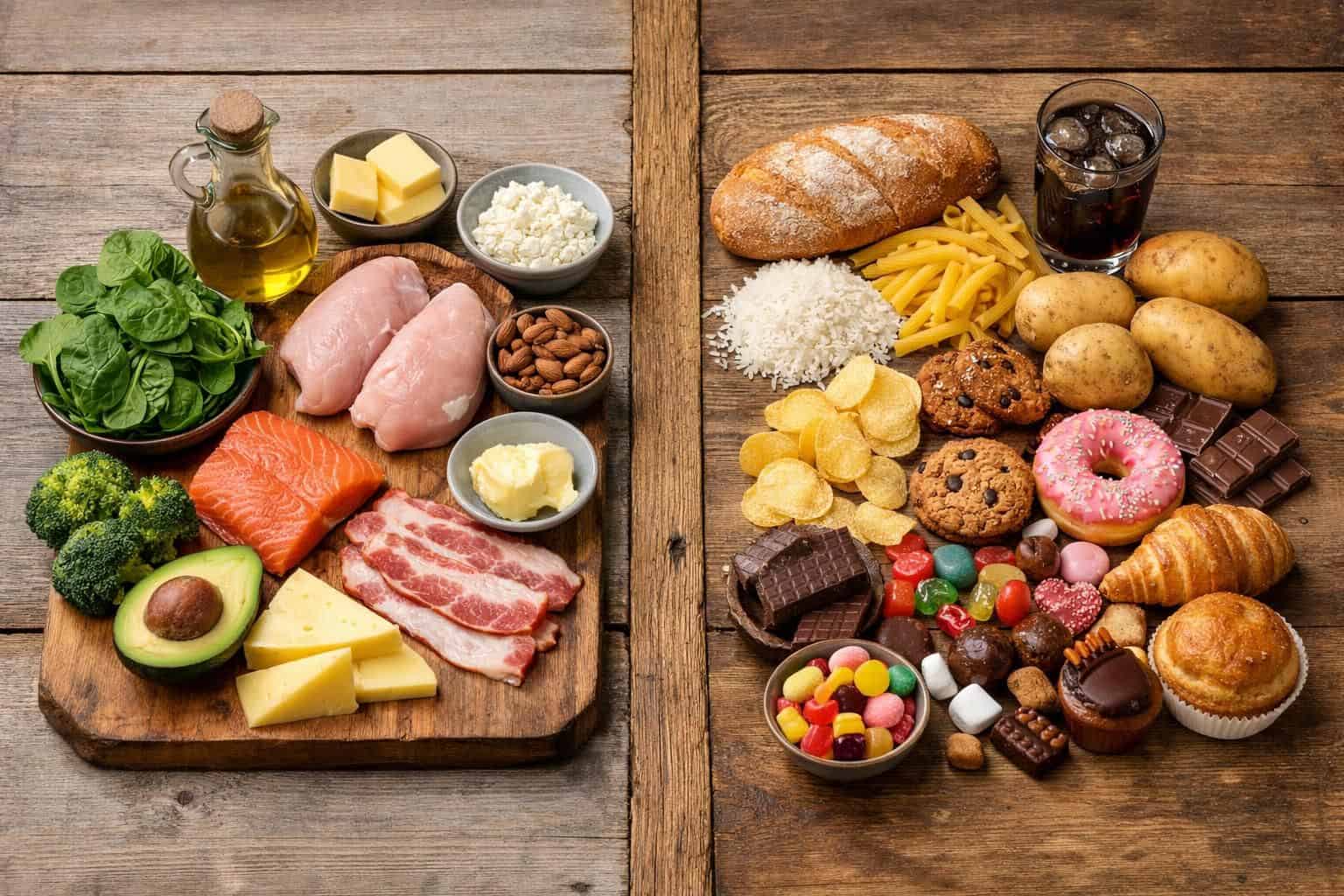 Healthy foods and junk foods arranged on wooden table