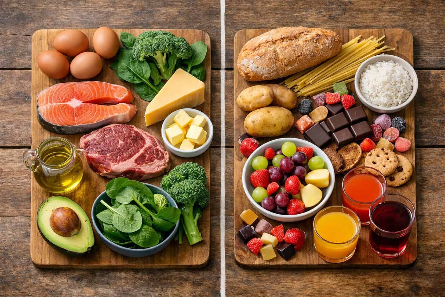 Two boards with meats, vegetables, bread, sweets, fruit