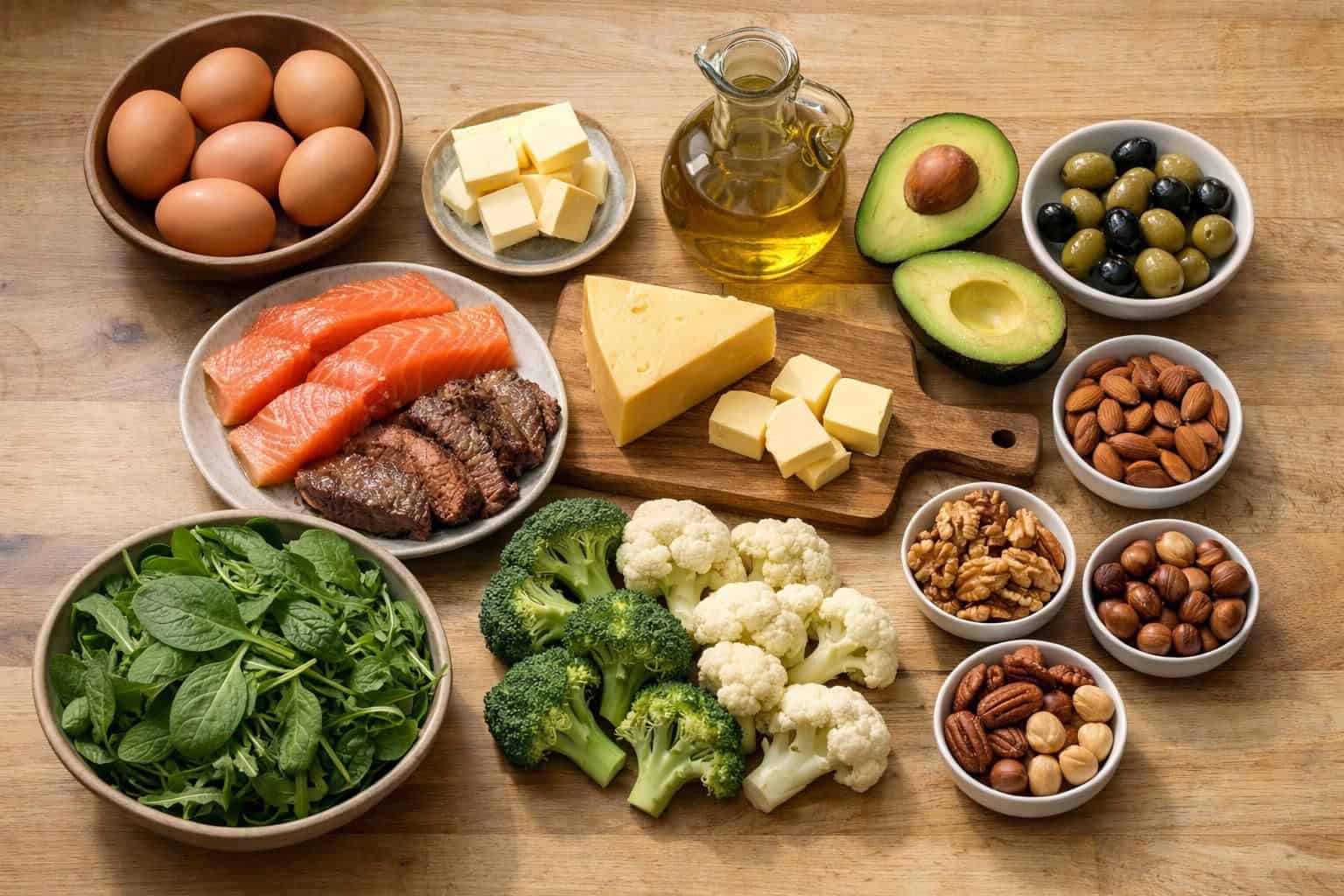 Eggs, salmon, cheese, avocado, olives, nuts, vegetables on table
