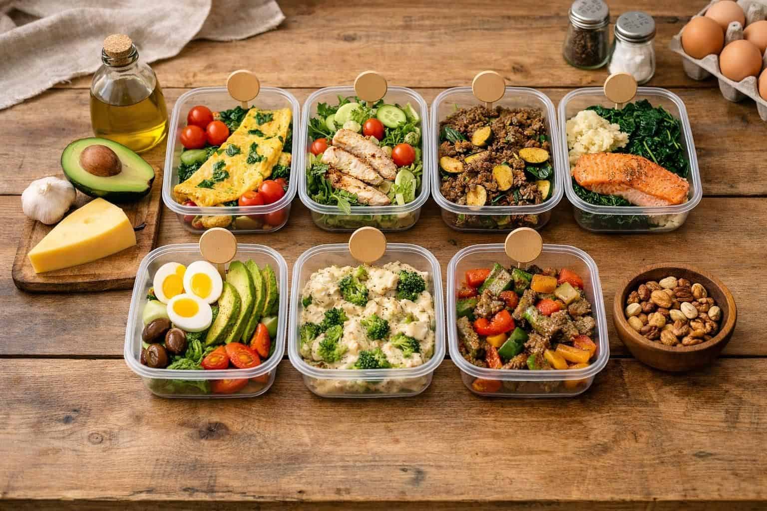 Meal prep containers with salmon, chicken, eggs, vegetables