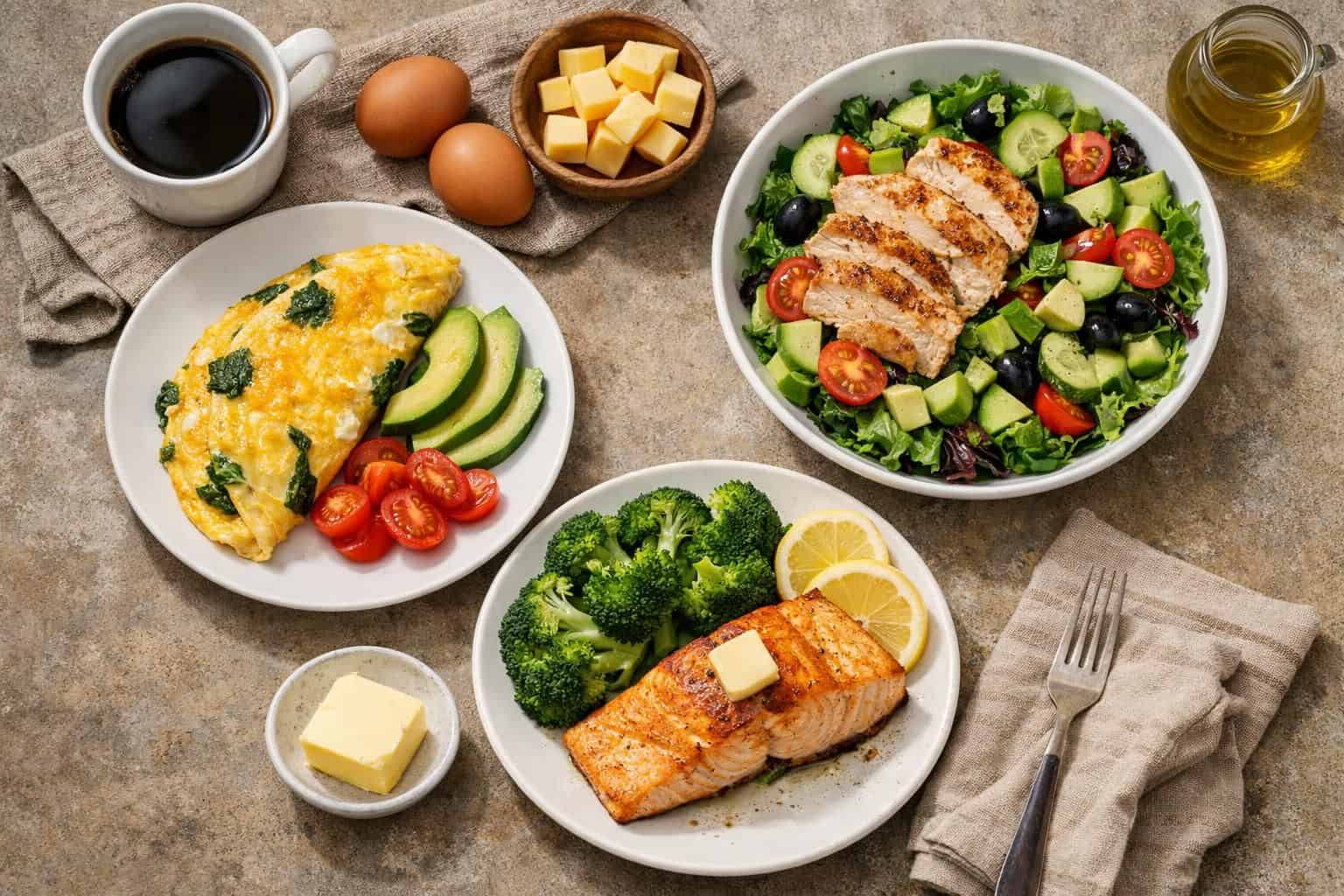 Omelet with avocado, chicken salad, and salmon with broccoli