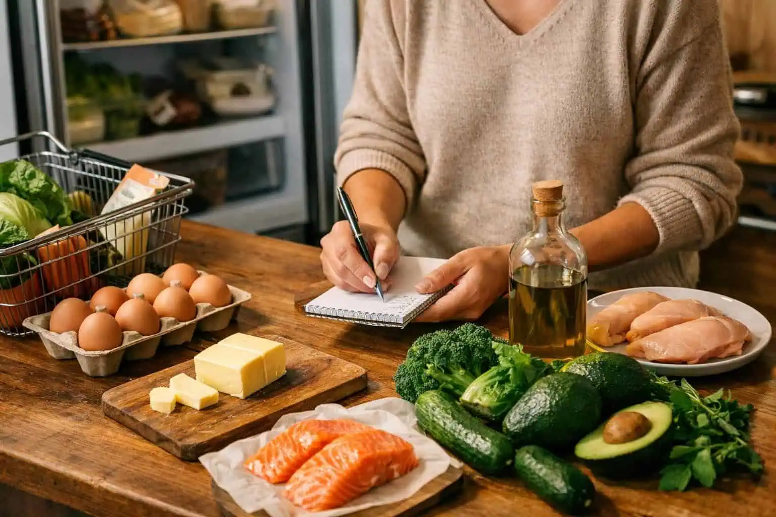 Person writing grocery list beside eggs, salmon, avocados