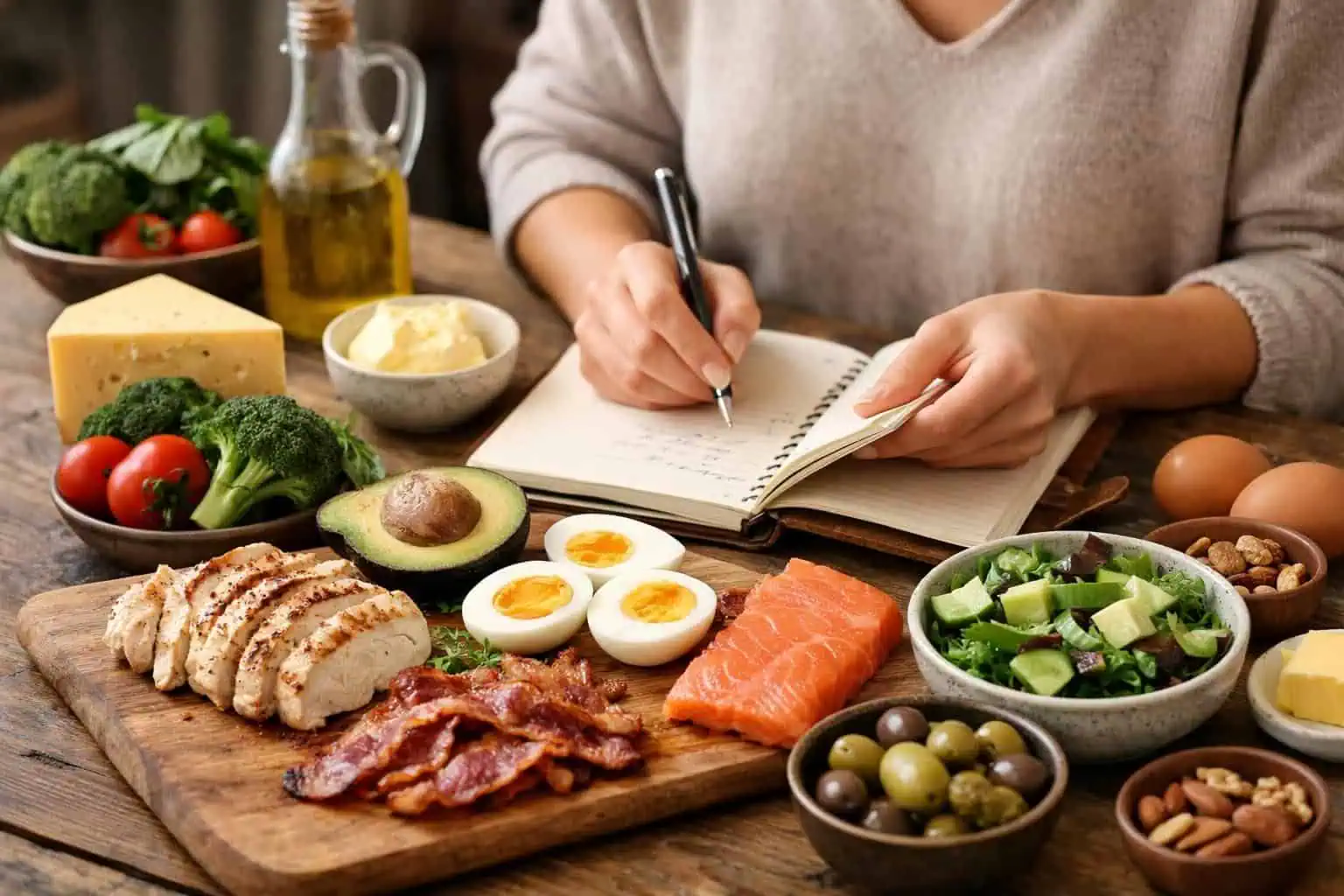 Person writing in notebook beside salmon, eggs, avocado