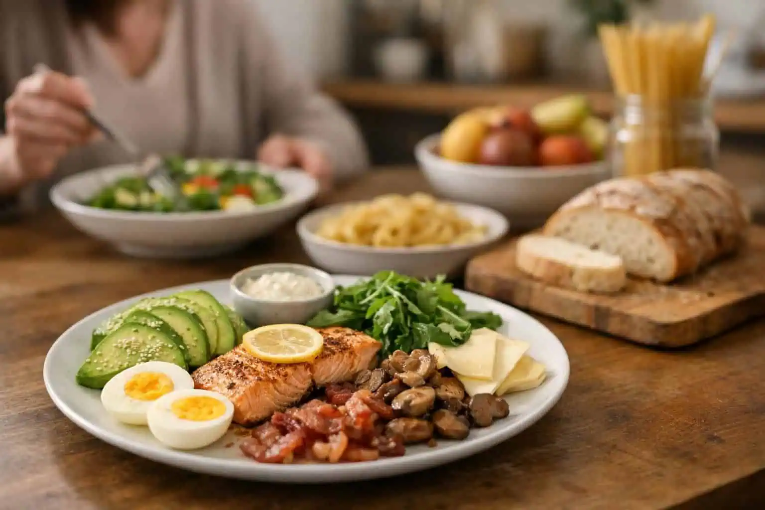 Plate with salmon, avocado, eggs, mushrooms, bread on table