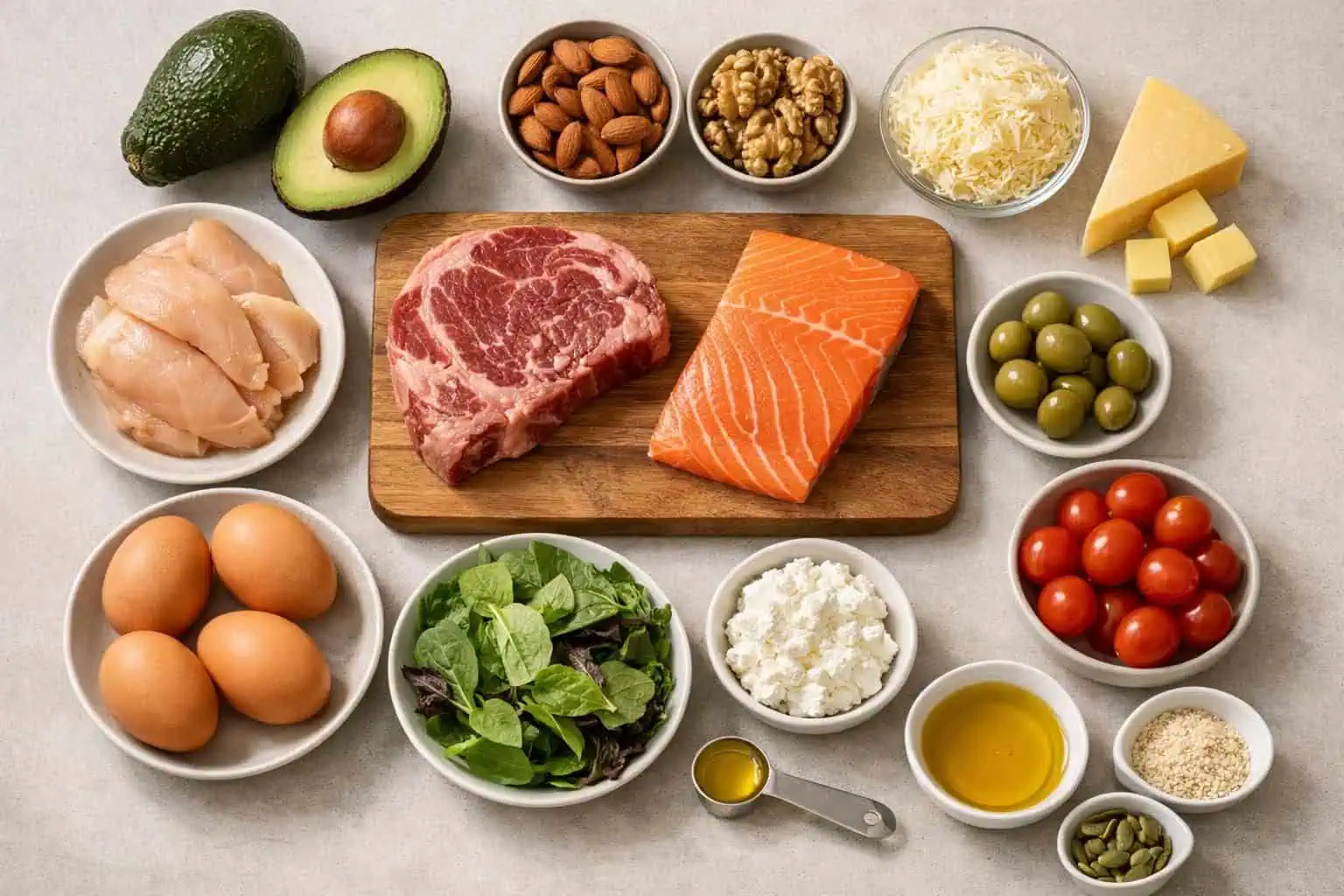 Assorted foods with salmon, steak, eggs, avocado, nuts