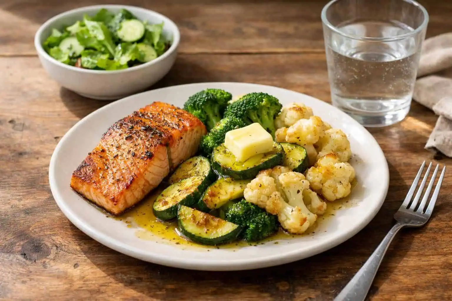 Seared salmon with zucchini, broccoli, cauliflower, and butter