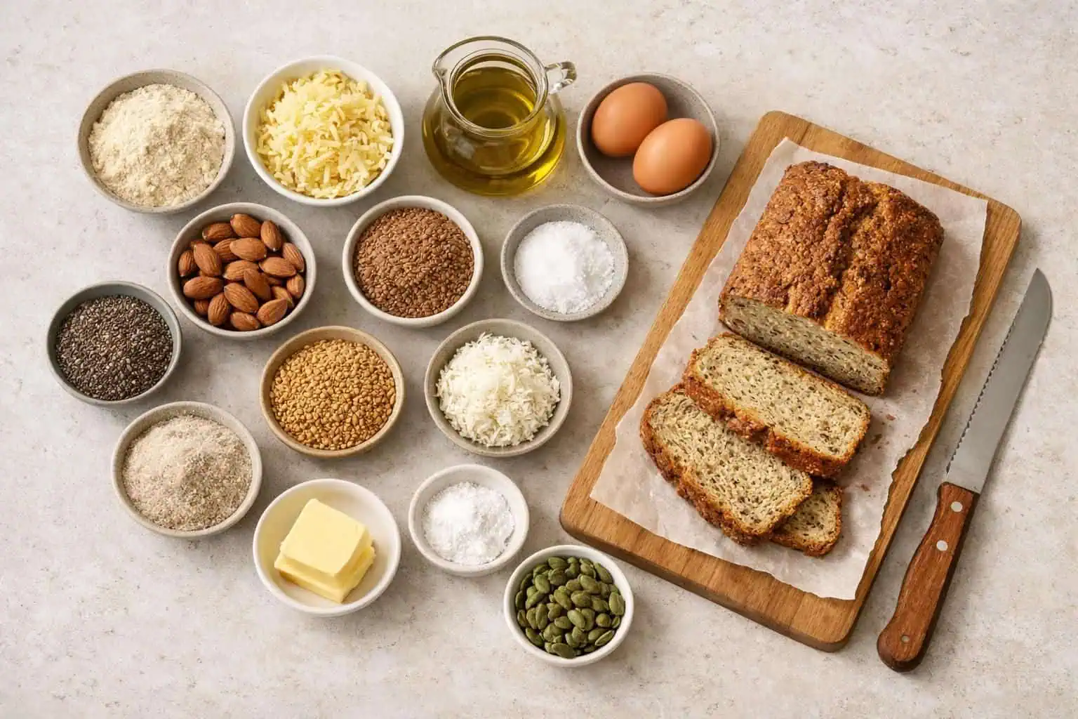 Sliced seed loaf on board with baking ingredients bowls