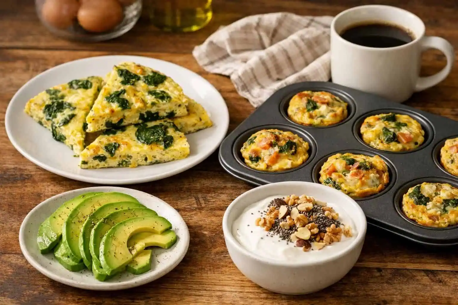 Spinach egg squares, egg muffins, avocado, yogurt, coffee